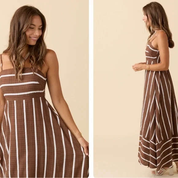 Elegant Brown White Striped Sleeveless Come Sail Away Maxi Sun Dress - Picture 2 of 8